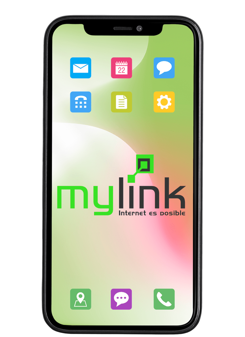 Teléfono móvil con aplicaciones y logo de MyLink.